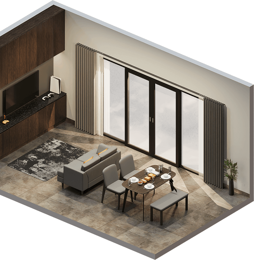 Isometric view of a designed living space